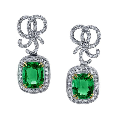 Emerson Fine Jewelry 18K White Gold Cushion Cut Emerald & Diamond Bow Earrings Earrings