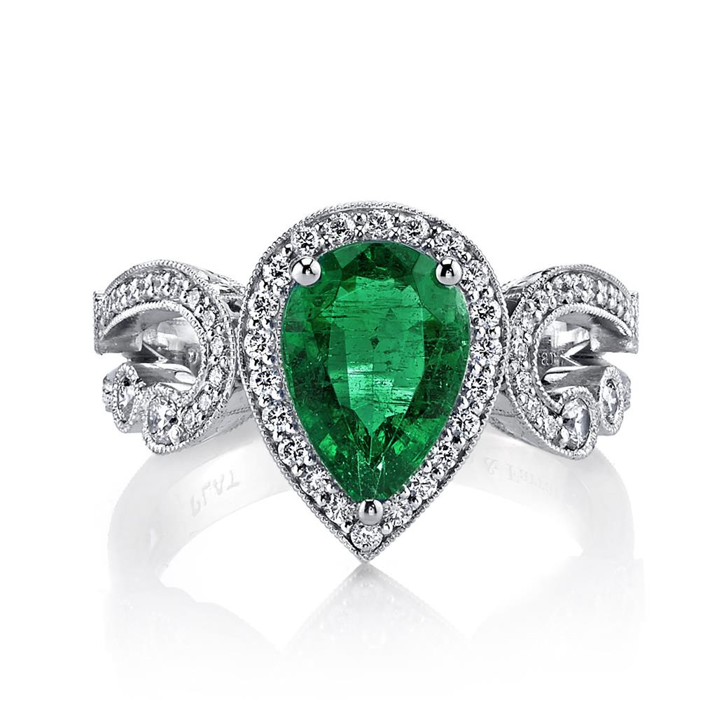 Emerson Fine Jewelry Platinum Pear Shape Columbian Emerald & Diamond Ring Engagement Rings