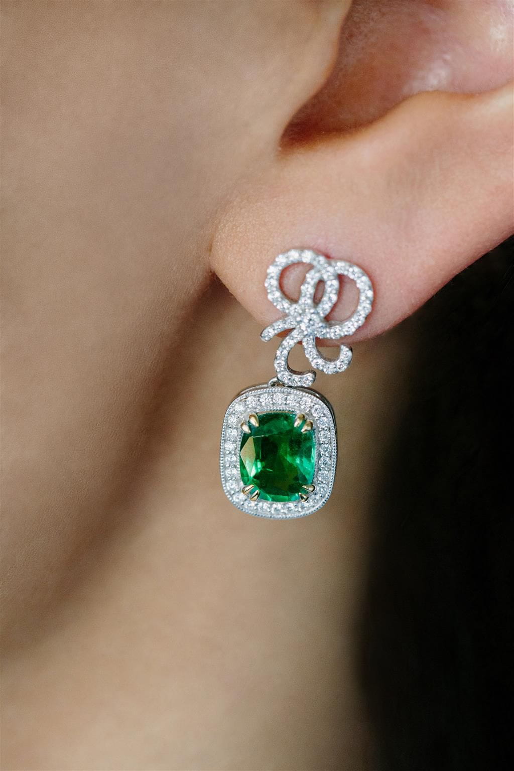 Emerson Fine Jewelry 18K White Gold Cushion Cut Emerald & Diamond Bow Earrings Earrings